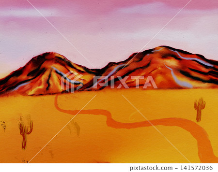 Hand painted desert landscape with winding trail, glowing sandstone mountains and saguaro cacti beneath a pink sunset sky Colorful Southwestern nature Hand painted desert landscape with winding trail, glowing sandstone mountains and saguaro cacti beneath a pink sunset sky Colorful Southwestern nature 141572036