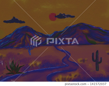 Stylized desert landscape at sunset with winding road, mountains, cacti and sky. Hand-painted digital illustration inspired by the American Southwest. 141572037