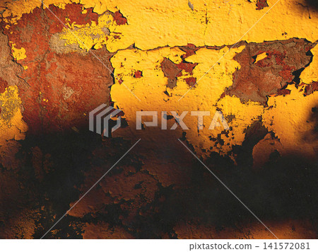 Close-up of aged yellow peeling paint on rusty metal surface with cracked texture and natural weathering. Distressed background, vintage patina. Close-up of aged yellow peeling paint on rusty metal surface with cracked texture and natural weathering. Distressed background, vintage patina. 141572081