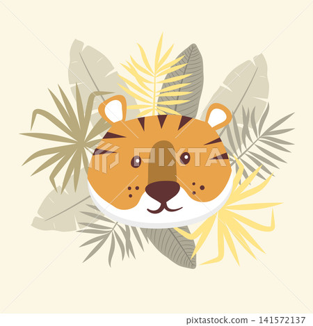 Cute cartoon tiger with tropical leaves. Baby print Cute cartoon tiger with tropical leaves. Baby print 141572137
