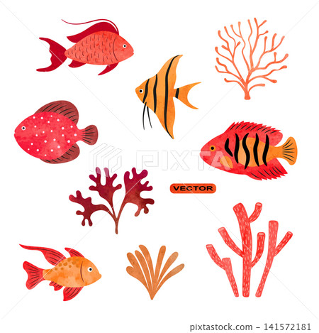 Tropical fish vector set. Coral reef watercolor collection of sea fish Tropical fish vector set. Coral reef watercolor collection of sea fish 141572181