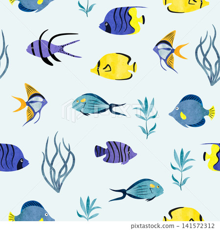 Seamless watercolor sea fish pattern. Underwater background 141572312