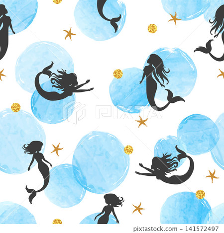Seamless mermaid silhouettes pattern. Vector marine background with blue watercolor circles Seamless mermaid silhouettes pattern. Vector marine background with blue watercolor circles 141572497