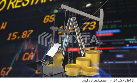 Oil Pump Jack and Golden Coins in Global Energy Market 3d render. 141572648