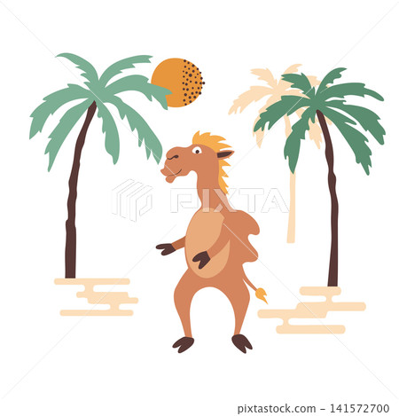 Cute cartoon camel and palm trees. Safari vector illustration for kids Cute cartoon camel and palm trees. Safari vector illustration for kids 141572700