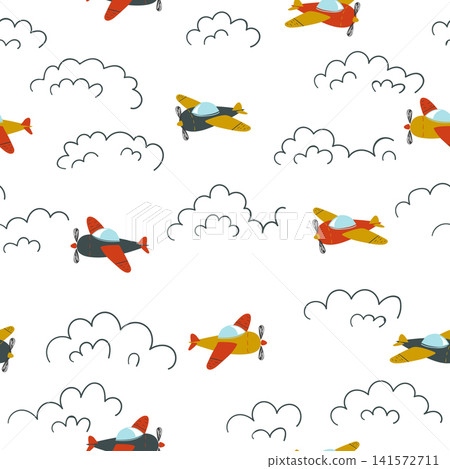 Seamless pattern with colorful airplanes and clouds for kids Seamless pattern with colorful airplanes and clouds for kids 141572711