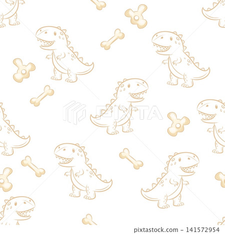 A seamless vector pattern featuring dinosaurs and bones in a line art style A seamless vector pattern featuring dinosaurs and bones in a line art style 141572954