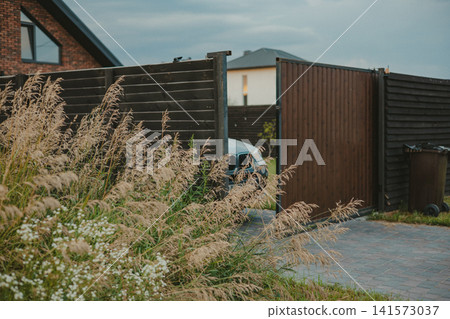 Modern suburban house with wooden fence and ornamental grasses in a contemporary residential neighborhood. Private home exterior front yard. Modern suburban house with wooden fence and ornamental grasses in a contemporary residential neighborhood. Private home exterior front yard. 141573037