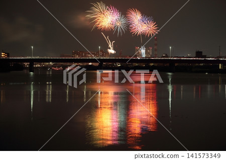 The Kano River Fireworks Festival reflected on the surface of the Kano River The Kano River Fireworks Festival reflected on the surface of the Kano River 141573349