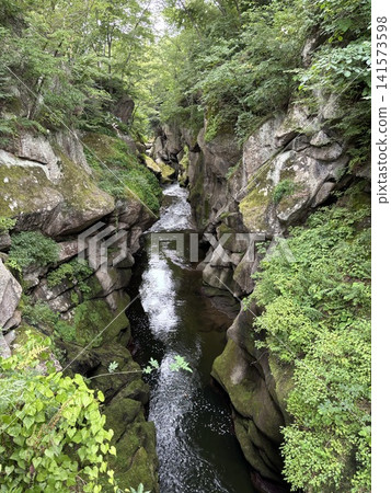 Summer in Akiu, Sendai City, Miyagi Prefecture, overlooking the strangely shaped rocks and clear stream of Raikyo Gorge. Summer in Akiu, Sendai City, Miyagi Prefecture, overlooking the strangely shaped rocks and clear stream of Raikyo Gorge. 141573598