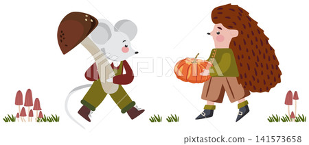 Cute Forest Characters Hedgehog with Pumpkin and Mouse with Mushroom. Autumn Vector Collection Cute Forest Characters Hedgehog with Pumpkin and Mouse with Mushroom. Autumn Vector Collection 141573658