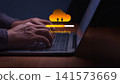 Man typing on a laptop with a glowing digital progress bar downloading data from a cloud computing network. This technology connection provides fast internet storage transfer. 141573669