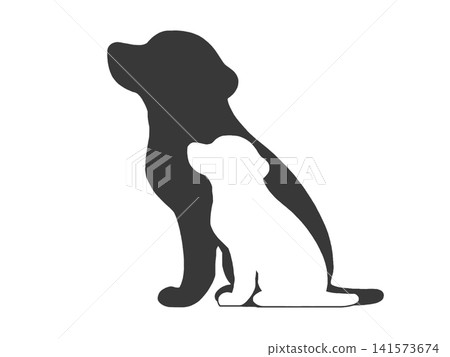 Silhouette of a dog and its puppy sitting down Silhouette of a dog and its puppy sitting down 141573674