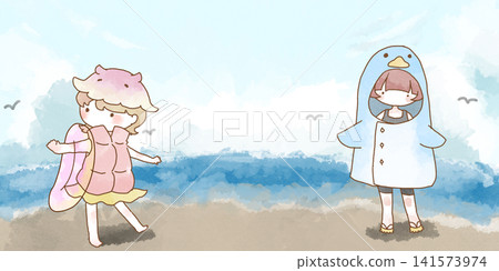A beach day illustration featuring a girl in a swimsuit playing with animals in the sea. A beach day illustration featuring a girl in a swimsuit playing with animals in the sea. 141573974