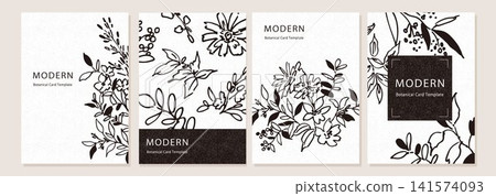 A set of monochrome, modern line art botanical card templates. A set of monochrome, modern line art botanical card templates. 141574093