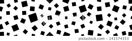 Seamless pattern featuring scattered black square shapes in various sizes and angles over a plain white backdrop. Seamless pattern featuring scattered black square shapes in various sizes and angles over a plain white backdrop. 141574353