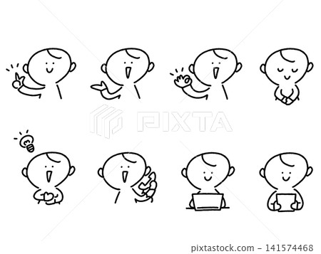 A set of cute, hand-drawn male explanation/guide poses (line art). A set of cute, hand-drawn male explanation/guide poses (line art). 141574468