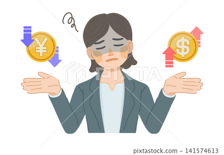 An illustration of a woman in a suit who is saddened by the weak yen and strong dollar. An illustration of a woman in a suit who is saddened by the weak yen and strong dollar. 141574613