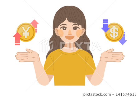 An illustration of a woman rejoicing over the strong yen and weak dollar. An illustration of a woman rejoicing over the strong yen and weak dollar. 141574615
