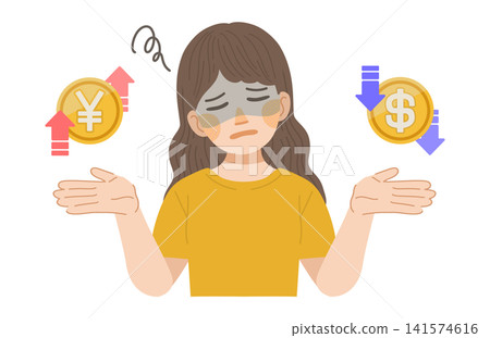 An illustration of a woman saddened by the strong yen and weak dollar. An illustration of a woman saddened by the strong yen and weak dollar. 141574616