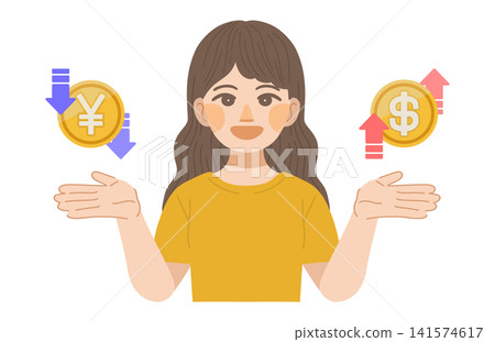 An illustration of a woman rejoicing over the weak yen and strong dollar. An illustration of a woman rejoicing over the weak yen and strong dollar. 141574617