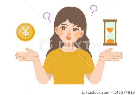 一幅描繪女性思考時間表現的插圖。 一幅描繪女性思考時間表現的插圖。 141574619