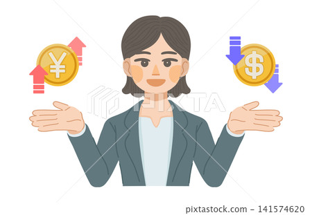 An illustration of a female office worker happy about the strong yen and weak dollar. An illustration of a female office worker happy about the strong yen and weak dollar. 141574620