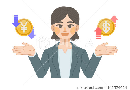 An illustration of a woman in a suit rejoicing over the weak yen and strong dollar. An illustration of a woman in a suit rejoicing over the weak yen and strong dollar. 141574624