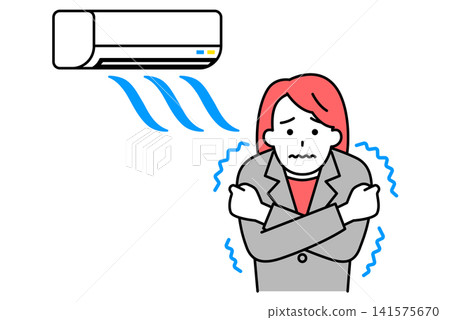 一位身穿西裝的女士感到寒冷,因為空調溫度太高。 一位身穿西裝的女士感到寒冷,因為空調溫度太高。 141575670