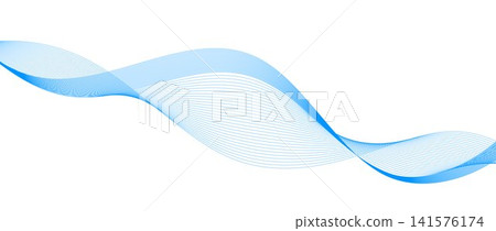 Blue thin wavy line flow. Undulate flowing shape background. Abstract water or air stripe pattern wallpaper. Vector smooth light curve gradient element for report, banner, presentation, poster, flyer Blue thin wavy line flow. Undulate flowing shape background. Abstract water or air stripe pattern wallpaper. Vector smooth light curve gradient element for report, banner, presentation, poster, flyer 141576174