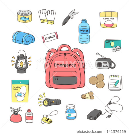 一組手繪風格的地震及其他災害防災用品插圖。 一組手繪風格的地震及其他災害防災用品插圖。 141576239