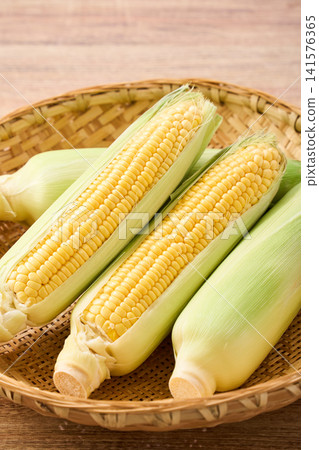 玉米:帶皮的生玉米,裝在竹籃裡。 玉米:帶皮的生玉米,裝在竹籃裡。 141576365