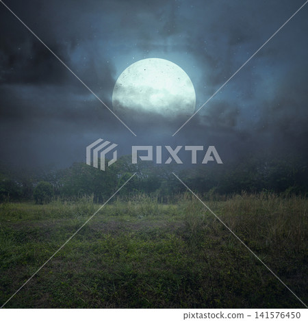 A dramatic full moon glows through dark clouds over a misty field and forest, creating a spooky, mysterious night landscape. Halloween and horror background A dramatic full moon glows through dark clouds over a misty field and forest, creating a spooky, mysterious night landscape. Halloween and horror background 141576450