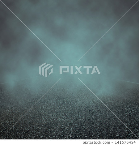 An empty dark asphalt road fading into thick teal-colored fog, creating a mysterious and spooky atmosphere. Halloween and horror background An empty dark asphalt road fading into thick teal-colored fog, creating a mysterious and spooky atmosphere. Halloween and horror background 141576454