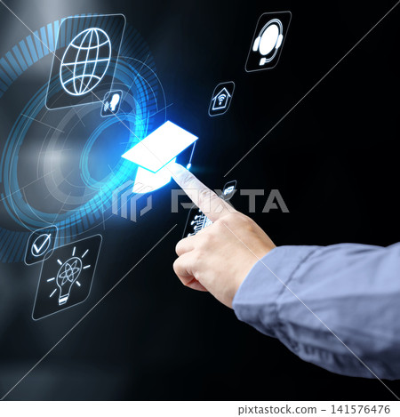 A business person hand touches a glowing digital graduation cap icon, representing modern e-learning, online education technology, and advanced digital training solutions. Concept of e-learning 141576476