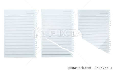 A collection of three white lined notebook paper sheets, including whole and torn pages, isolated on a white background A collection of three white lined notebook paper sheets, including whole and torn pages, isolated on a white background 141576505