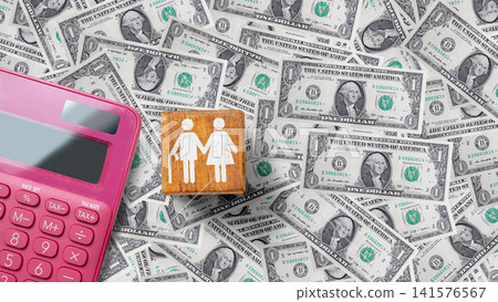 Flat lay of a pink calculator and a wooden block with an elderly couple icon on a background of US dollar bills, symbolizing retirement savings, pension planning, and financial management. Concept of Flat lay of a pink calculator and a wooden block with an elderly couple icon on a background of US dollar bills, symbolizing retirement savings, pension planning, and financial management. Concept of 141576567