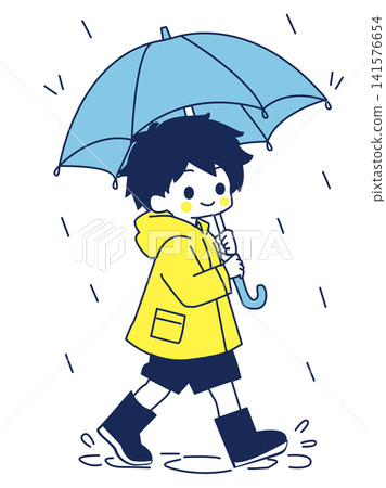 一個穿著雨衣、撐傘的男孩。 一個穿著雨衣、撐傘的男孩。 141576654