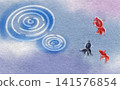 Background material featuring water ripples and goldfish (Ryukin) (Japanese paper style) 141576854