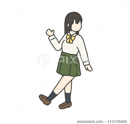 A girl walking in a blazer uniform with a green skirt. A girl walking in a blazer uniform with a green skirt. 141576860