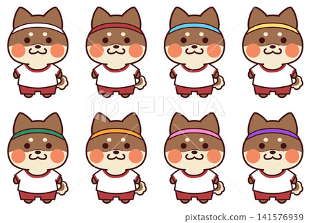 A sesame Shiba Inu wearing a headband and gym clothes A sesame Shiba Inu wearing a headband and gym clothes 141576939