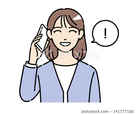 A color illustration of a young woman in office casual attire smiling and talking on her smartphone. 141577188