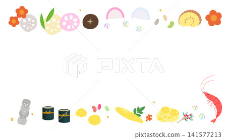 Osechi Ryori (Japanese New Year's food) frame illustration, copy space, New Year's card illustration material, Japanese food Osechi Ryori (Japanese New Year's food) frame illustration, copy space, New Year's card illustration material, Japanese food 141577213