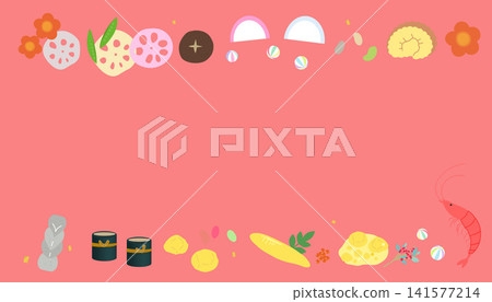 Osechi Ryori (Japanese New Year's food) frame illustration, copy space, New Year's card illustration material, Japanese food 141577214