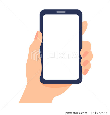 Illustration of a hand holding a smartphone (white screen, mockup) 141577554
