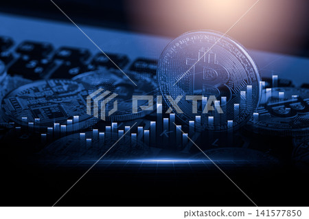 Modern way of exchange. Bitcoin is convenient payment in global economy market. Virtual digital currency and financial investment trade concept. Abstract cryptocurrency with gold bitcoin background. 141577850