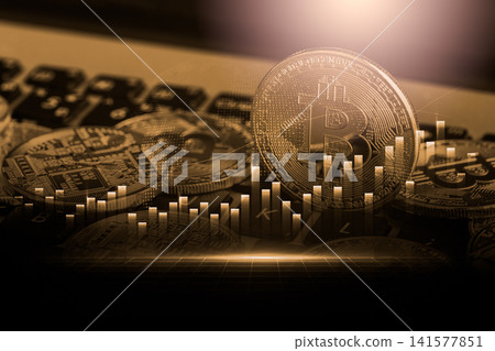 Modern way of exchange. Bitcoin is convenient payment in global economy market. Virtual digital currency and financial investment trade concept. Abstract cryptocurrency with gold bitcoin background. Modern way of exchange. Bitcoin is convenient payment in global economy market. Virtual digital currency and financial investment trade concept. Abstract cryptocurrency with gold bitcoin background. 141577851