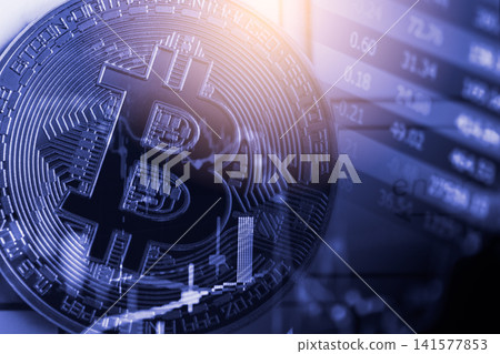 Modern way of exchange. Bitcoin is convenient payment in global economy market. Virtual digital currency and financial investment trade concept. Abstract cryptocurrency with gold bitcoin background. Modern way of exchange. Bitcoin is convenient payment in global economy market. Virtual digital currency and financial investment trade concept. Abstract cryptocurrency with gold bitcoin background. 141577853
