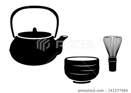 茶道用具的向量圖,包括鐵壺、茶碗和茶筅。 茶道用具的向量圖,包括鐵壺、茶碗和茶筅。 141577984