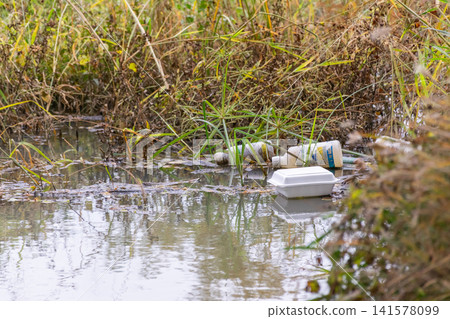 Plastic bottles foam food container floating polluted wetland water highlighting environmental pollution improper waste disposal freshwater ecosystem contamination Plastic bottles foam food container floating polluted wetland water highlighting environmental pollution improper waste disposal freshwater ecosystem contamination 141578099